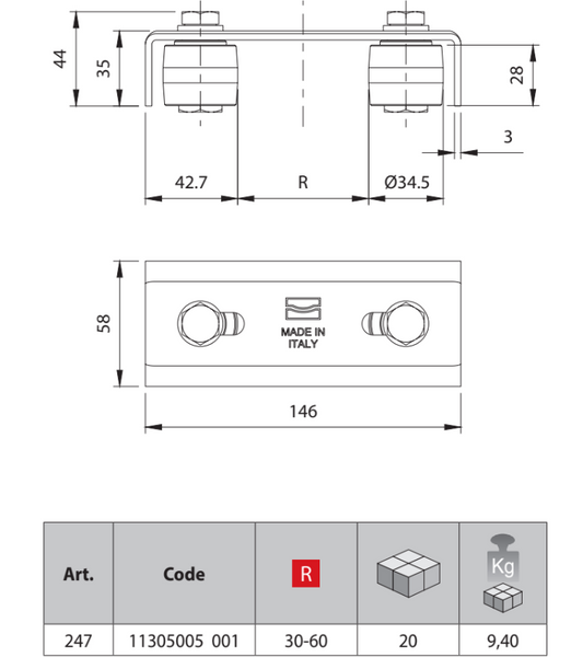 (247) - Adjustable Guide Plate for up to 3" / 2 rollers / Galvanized