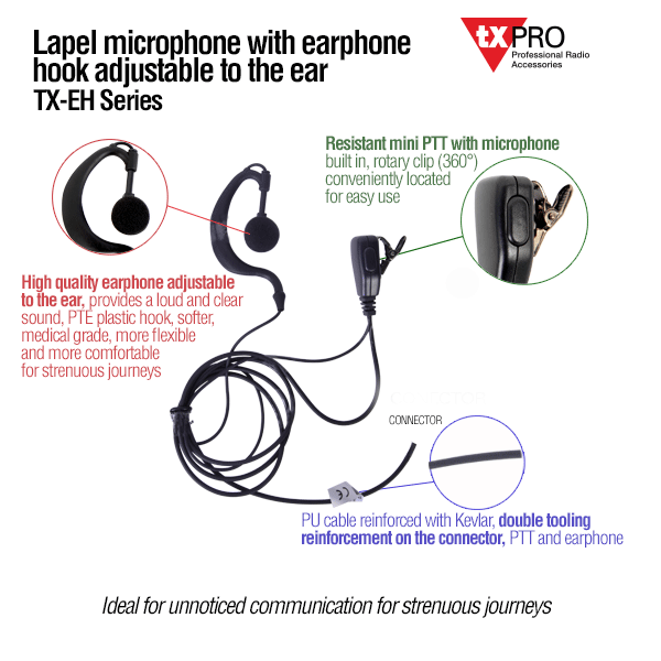 Lapel Microphone with Earphone Hook Adjustable to the Ear for KENWOOD TK3230/ 3000/ 3402/ 3312/ 3360/ 3170, NX240/ 340/ 220/ 320/ 420