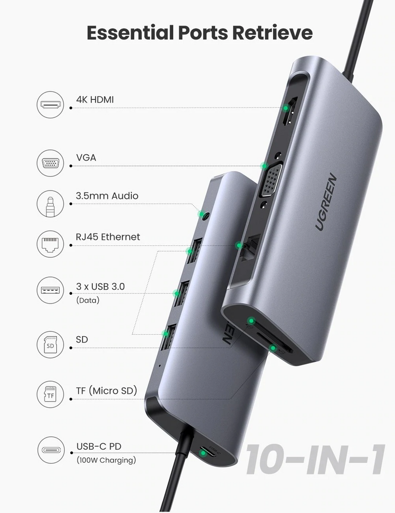 Multiport USB-C HUB to 2 USB-A 3.0 / 1 USB-C PD Charge 100W / 1 USB-A 3.1 / 1 USB-C 3.1 / HDMI 4K / HDMI 8K Ultra HD / Display Port 4K / RJ45 (Gigabit) / Card Reader SD + Micro SD (TF) / Jack Audio 3.5mm / 12 in 1