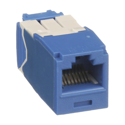 The Category 6A, RJ45, 8-position, 8-wire, 10 Gb/s UTP Mini-Com universal jack module has TG-style termination and is Blue