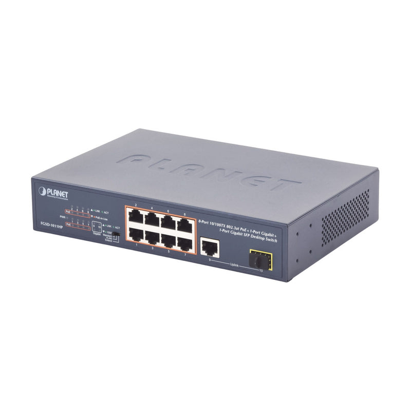 Unmanaged Switch 8 ports 10/100 PoE 802.3af/at, 120W PoE Budget, 1 Uplink Port 10/100/1000 and 1 SFP 100/1000
