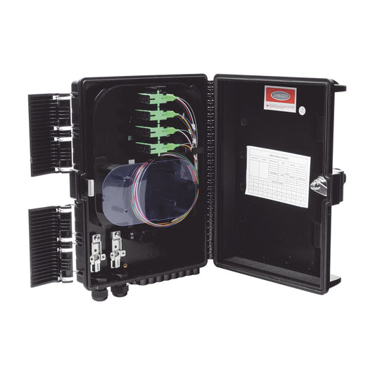 Fiber Distribution Box, 24 Splices, IP65, Black, Indoor/Outdoor, with 16 SC/APC adaptors and 1x16 splitter