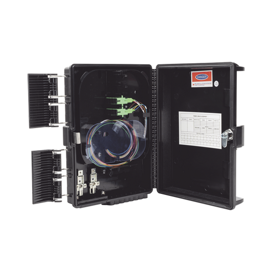 Fiber Distribution Box, 24 Splices, IP65, Black, Indoor/Outdoor, with 8 SC/APC adaptors and 1x8 splitter