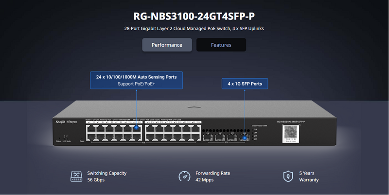 28-Port Gigabit Layer 2 Cloud-Managed PoE Switch, 24 Gigabit PoE+ Ports, and 4 SFP Ports, 370W. Multiple security policies protect your network, with lifetime management on Ruijie Cloud anytime, anywhere