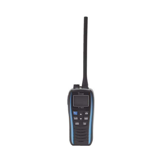 5W Floating Marine VHF Handheld, Marine Blue, Frequency Range Rx: 156.050-163.275MHz Tx: 156.025-157.425MHz. Battery, Charger, Antenna and Clip Belt Included