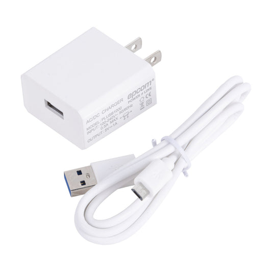 1 Port Micro-USB Charger;  of 5 Vdc, 1 Amp, Input voltage 100-240 VAC