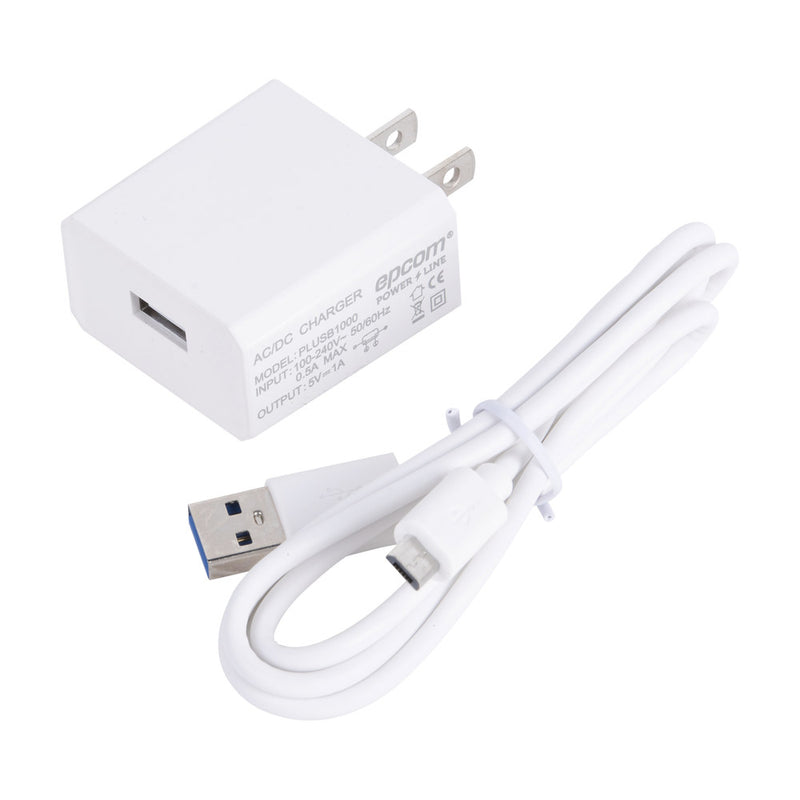 1 Port Micro-USB Charger;  of 5 Vdc, 1 Amp, Input voltage 100-240 VAC
