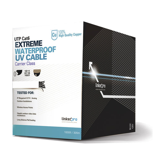 Cat6 UTP Outdoor Bulk Cable / 23 AWG Solid Copper / 1000 ft (305m) / UV-Resistant / PoE+ / CMX Rated / White