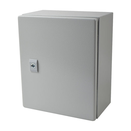 Steel Cabinet IP66  Outdoor (9.84 x 11.81 x 5.91 in) with Interior Back Cover and Lower Cover with Screws (Includes Lock and Key) and Metal Backplate for equipment assembly.