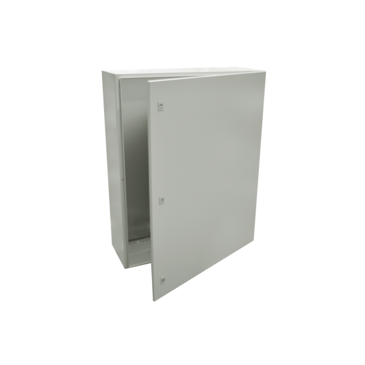 Single door wall mount enclosure (800 x 1200 x 400 mm). And Metal Backplate for mounting equipment.