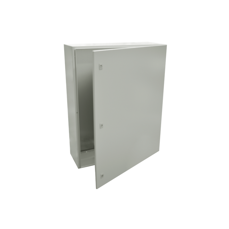 Single door wall mount enclosure (800 x 1200 x 400 mm). And Metal Backplate for mounting equipment.