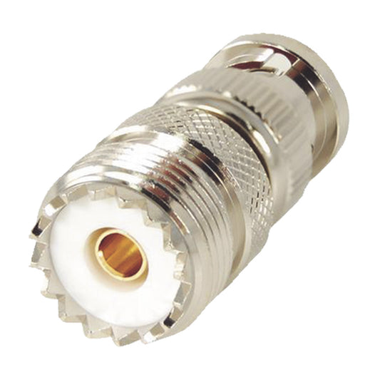 50 Ohm Line Adapter from BNC Male to UHF Female (SO-239) Connectors, Nickel/ Gold/ Delrin.