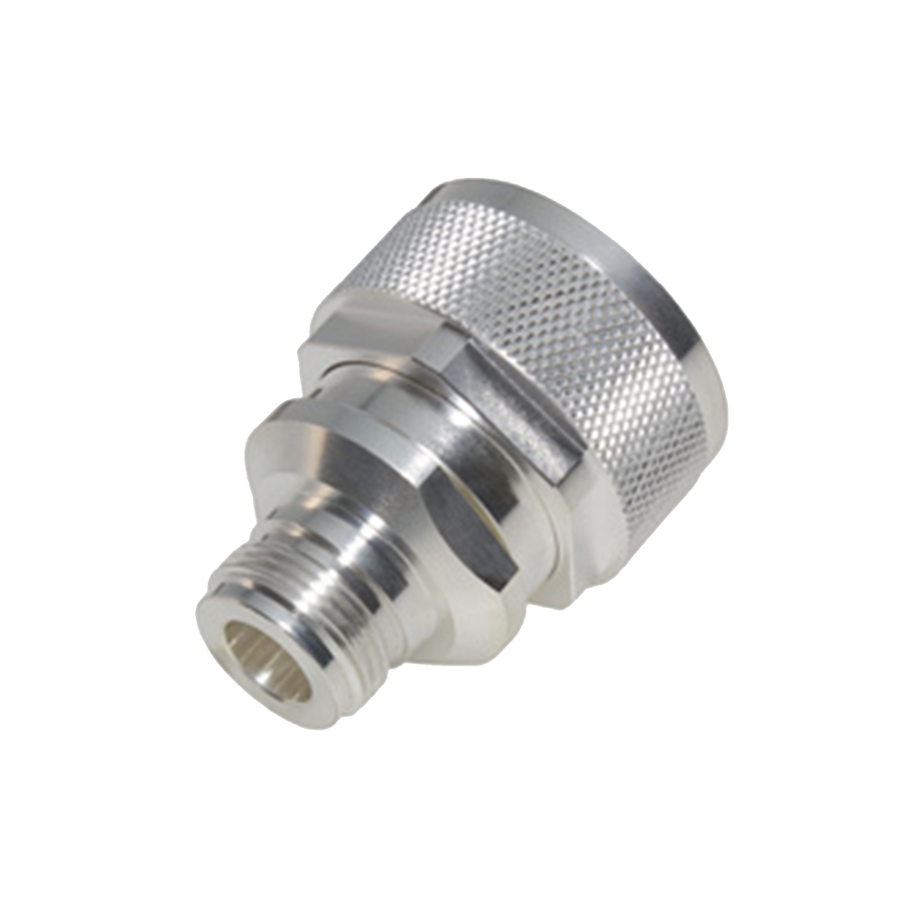 Straight Adapter from DIN 7-16 Male to N Female Connector, Silver/ Silver/ PTFE.