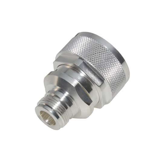 Straight Adapter from DIN 7-16 Male to N Female Connector, Silver/ Silver/ PTFE.