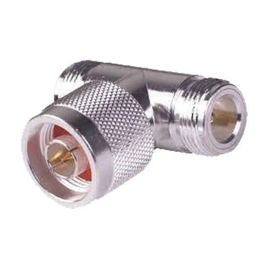 T Shape Adapter, from N Male to Double N-Female Connector, Silver/ Gold/ PTFE.