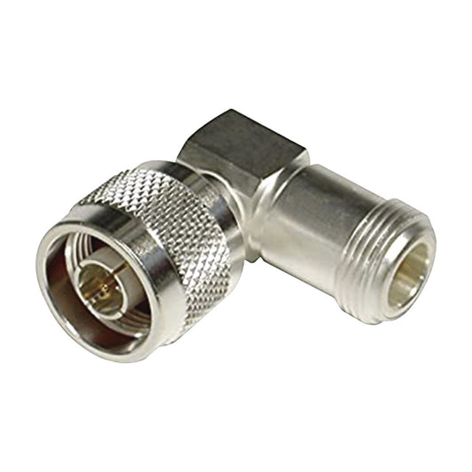 Right Angle Adapter from N Male to N Female Connector, Silver/ Gold/ PTFE.