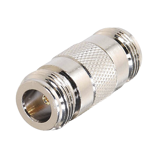 50 Ohm Straight Barrel Adapter, from N Female to N Female Connector, Silver/ Gold/ PTFE.