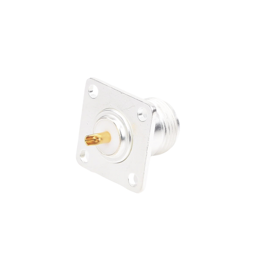 50 Ohm N Female connector, 4-Hole Panel Mounting, 18 mm, Silver/ Gold/ PTFE.