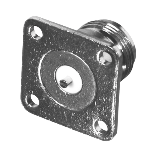 N Female Connector, 4-Hole Panel Mounting, 18 mm, Slotted Contact, Nickel/ Gold/ PTFE.