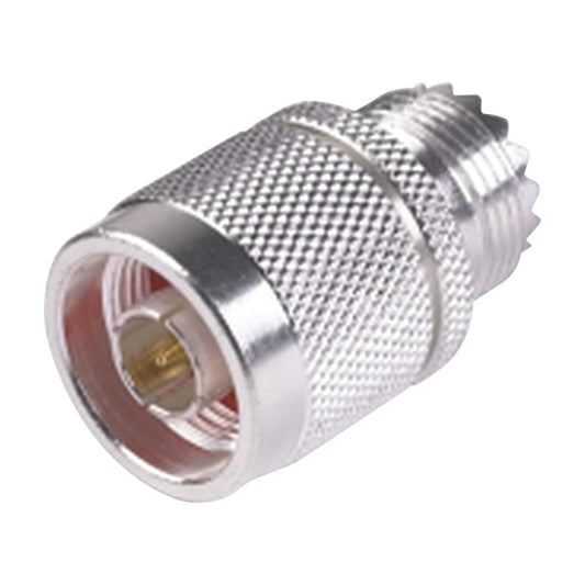 Straight Adapter from N Male to UHF Female (SO-239) Connector, Silver/ Gold/ PTFE.