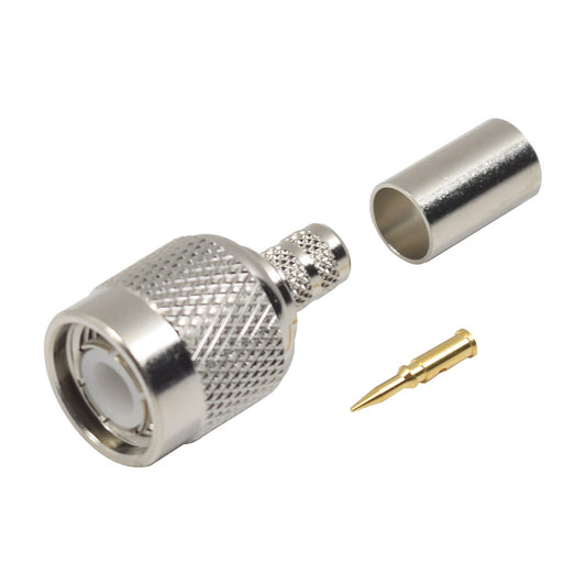 TNC Male Connector to Crimp on RG-58/U, LMR-195, Nickel/ Gold/ Delrin.