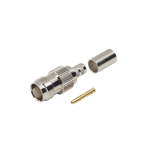 TNC Female Connector, Crimp on RG-8/X, LMR-240 Cables, Group X, Nickel/ Gold/ Delrin.