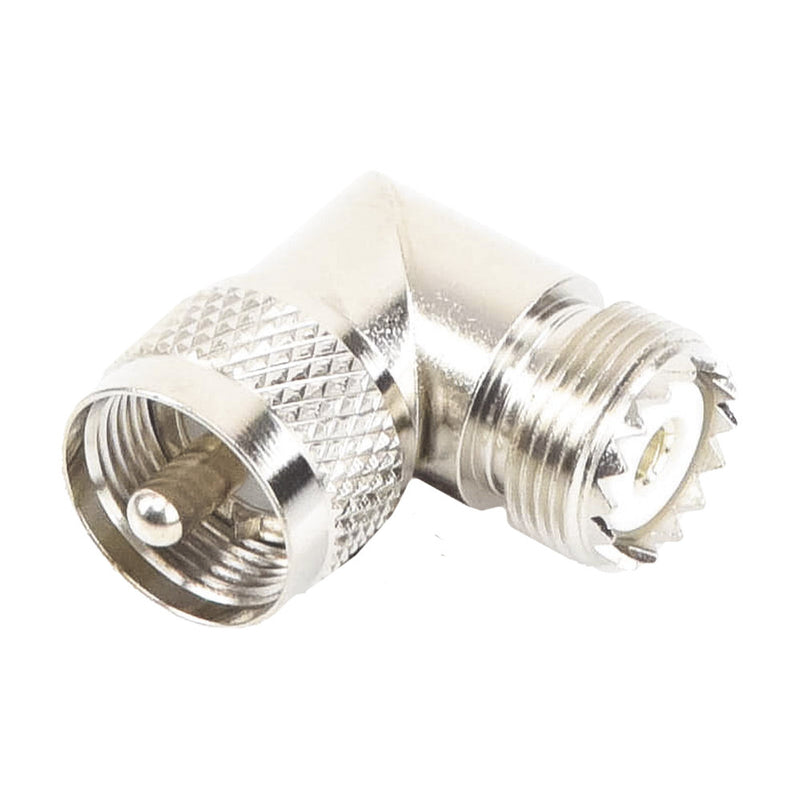 Right Angle Adapter, from UHF Male (PL-259) to UHF Female (SO-239) Connector, Nickel/ Gold/ Delrin.