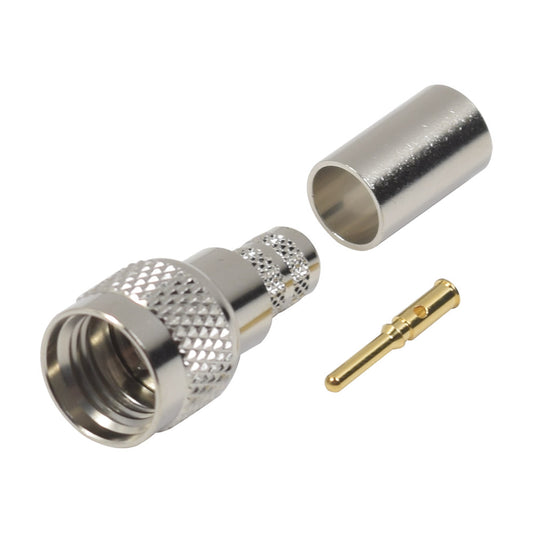 Mini UHF Male Connector of 50 Ohm, to Crimp on LMR-240, RG-8/X, 9258 Cables, Nickel, Gold / Delrin.