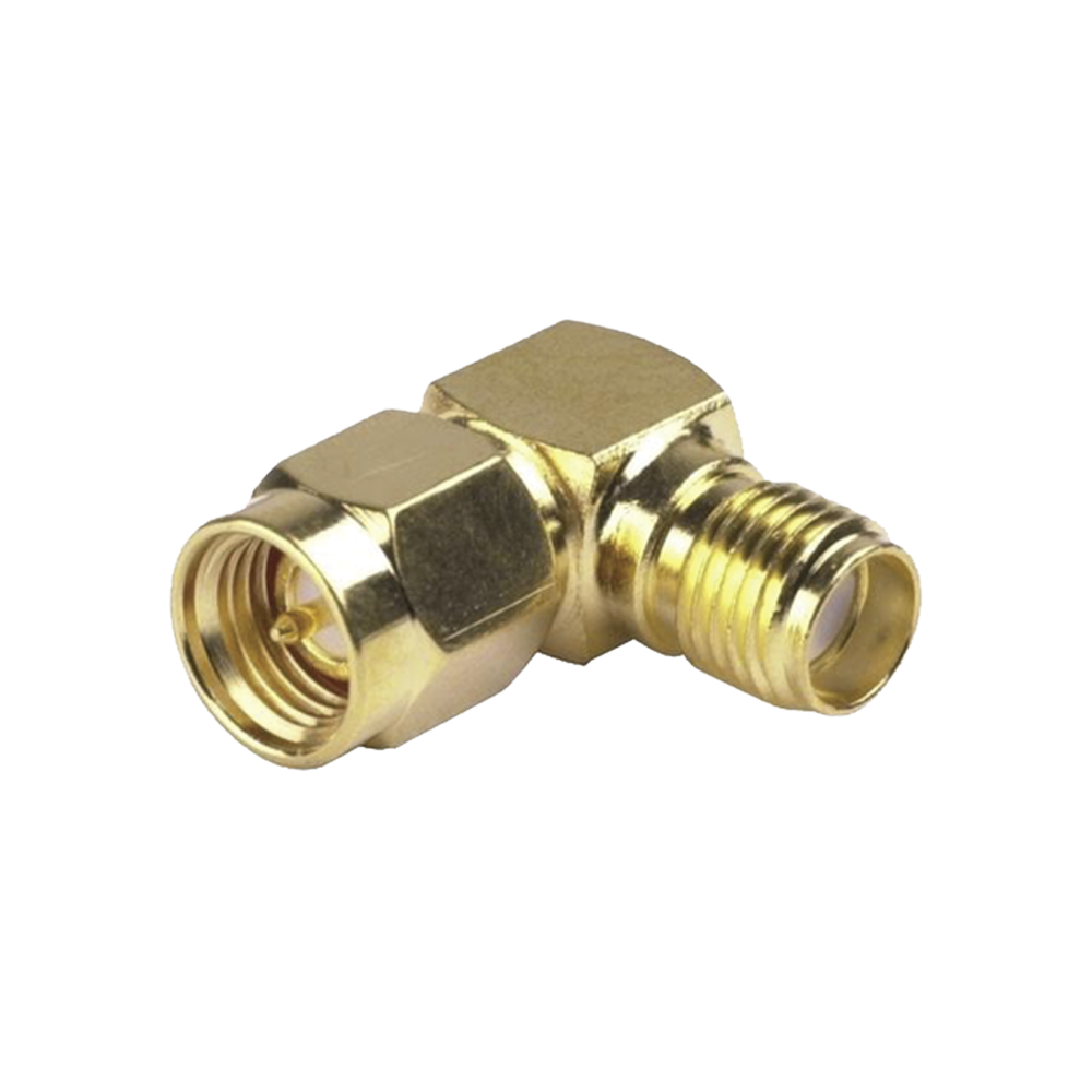 Right Angle Adapter, from SMA Male Connector to SMA Female, Gold/ Gold/ PTFE.