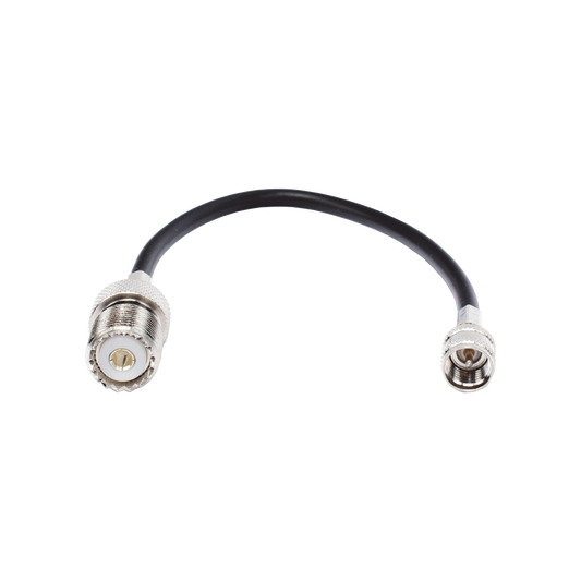 Jumper Adapter with Mini UHF Male Connector with UHF Female (SO-239), Nickel/ Gold and Silver/ Delrin.