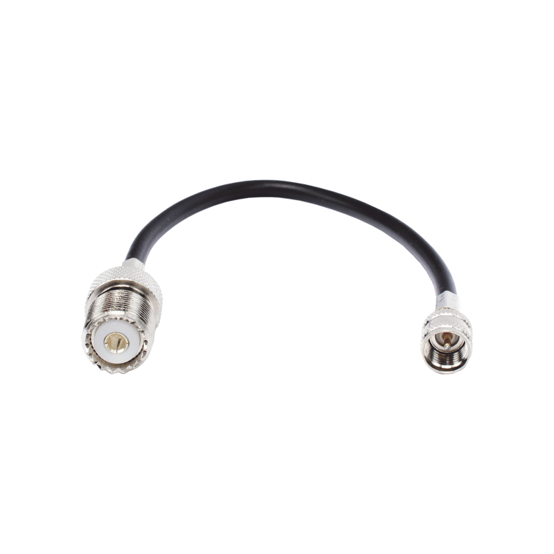 Jumper Adapter with Mini UHF Male Connector to UHF Female (SO-239), Nickel/Gold and Silver/Delrin.