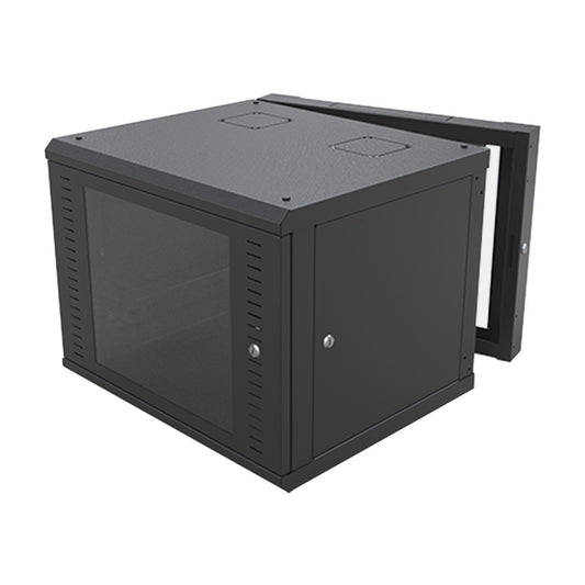 Wall-Mount Swing Cabinet (with Rear Frame) with 19' Rack and 9 Units. Tempered Glass Window.