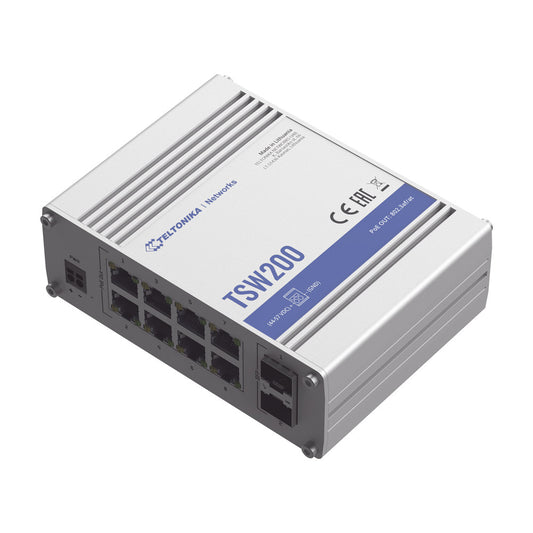 Unmanaged PoE Industrial Switch, 8 x Ethernet PoE+ ports, 2 x SFP ports, TSW200000070, with DIN Rail mount with US PSU