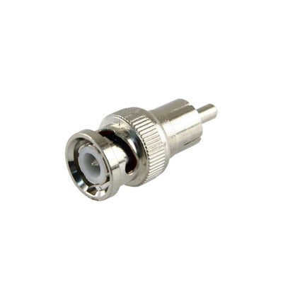Straight 75 Ohm Adaptor from BNC Male connector to RCA male for applications with RG-59/ RG-6 coaxial cables on Audio-Video systems.