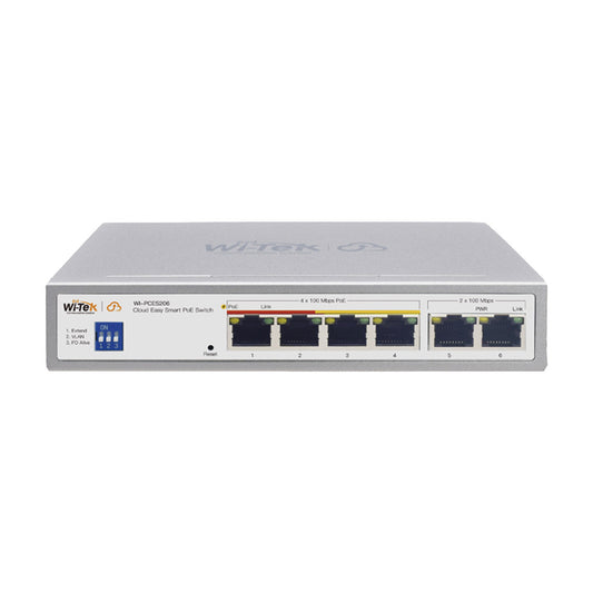 Cloud Easy Smart 250m PoE Switch, 4 FE PoE Ports + 2 FE Ports, Port1-2: Hi-PoE, Port3-4: 802.3af/at, 60W, Support Wi-Tek Cloud Management and Mobile APP Remote Maintenance