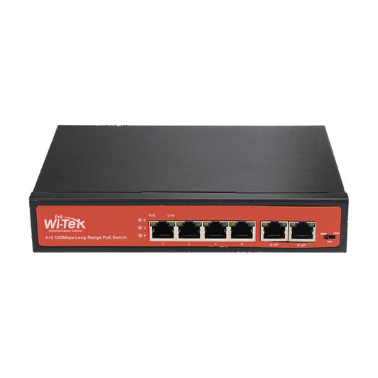 Switch with 4 PoE ports 10/100 up to 250m and 2 uplink ports 10/100, supports 1 port with Hi-PoE