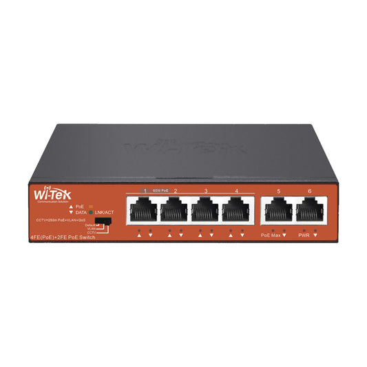 Long-Range PoE (802.3af/at/bt) Switch with 4 x 10/100Tx PoE Ports and 2 x 10/100Tx Uplink, 65W