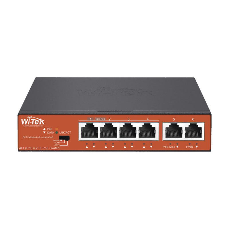 Long-Range PoE (802.3af/at/bt) Switch with 4 x 10/100Tx PoE Ports and 2 x 10/100Tx Uplink, 65W