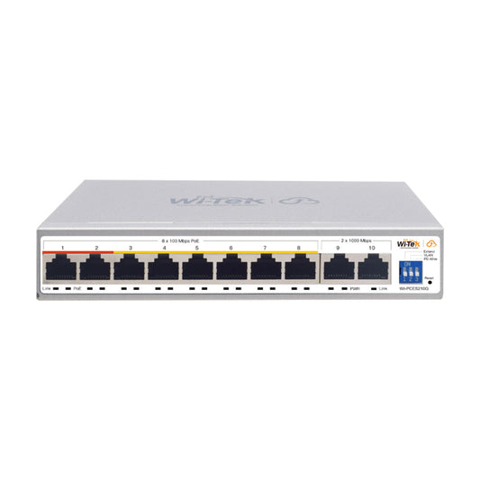 Cloud Easy Smart 250m PoE Switch, 8 FE PoE Ports, 2 GE Ports, Port 1-2: Hi-PoE, Port 3-8: 802.3af/at, 100W, Support Wi-Tek Cloud Management and Mobile APP Remote Maintenance